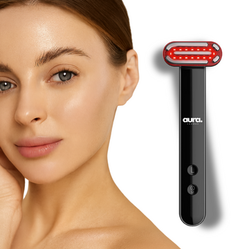 Woman with clear skin next to Aura Sweden EMS red LED facial device for skincare