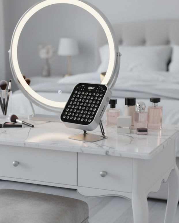 Aura Sweden LED light therapy device on vanity table with makeup and mirror in bedroom