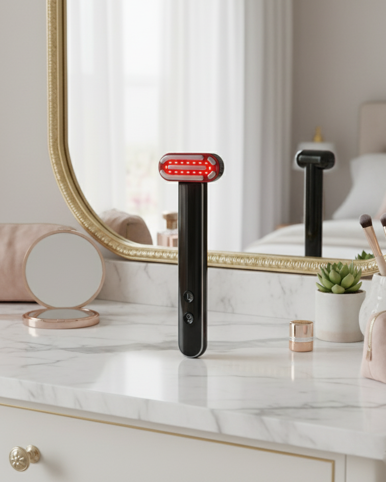 Aura Sweden handheld red light therapy device on vanity for targeted skin treatmen