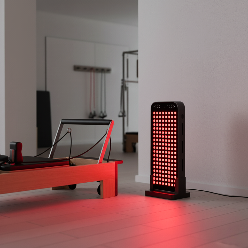 Aura Sweden red light therapy panel in gym setting for muscle recovery and skin wellness