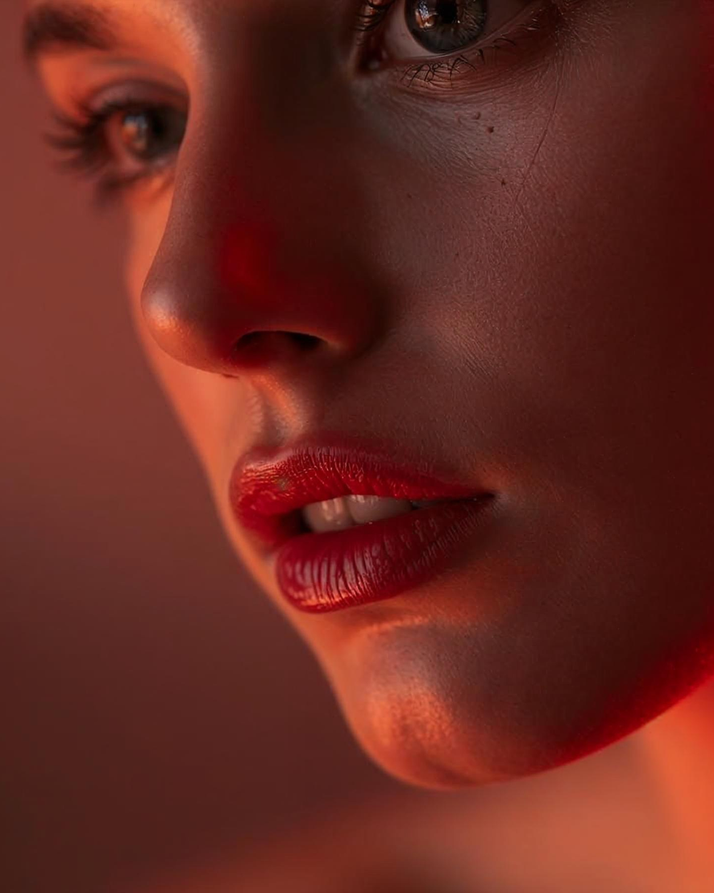 Close-up of woman’s face with smooth skin and red light therapy glow for skin rejuvenation