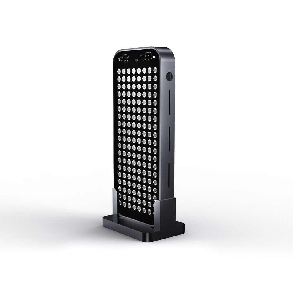 Compact vertical LED light therapy panel device on stand for home skincare treatments