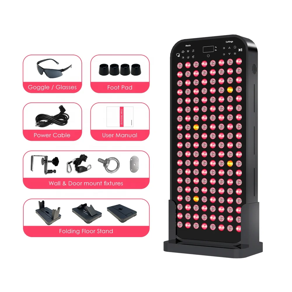 LED red light therapy panel with included accessories and setup components for home use