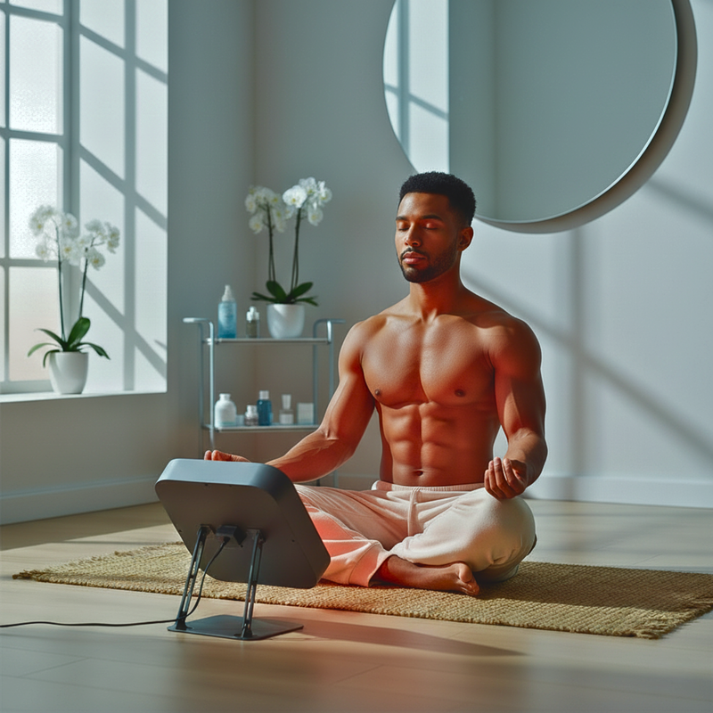 Man meditating with Aura Sweden red light therapy panel for wellness and muscle recovery