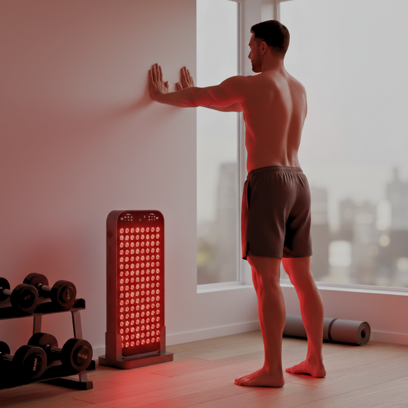 Man using Aura Sweden red light therapy panel for muscle recovery and wellness at home