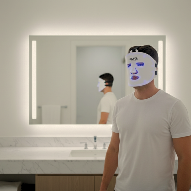 Man wearing Aura Sweden LED light therapy mask for skin rejuvenation and anti-aging