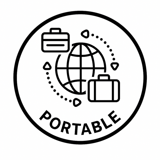 Portable icon with globe and suitcases, symbolizing easy travel and mobile use