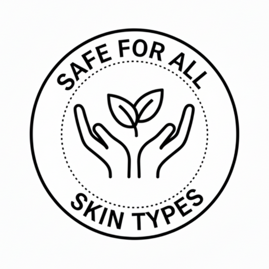 Safe for all skin types icon with hands holding leaves, indicating gentle skincare