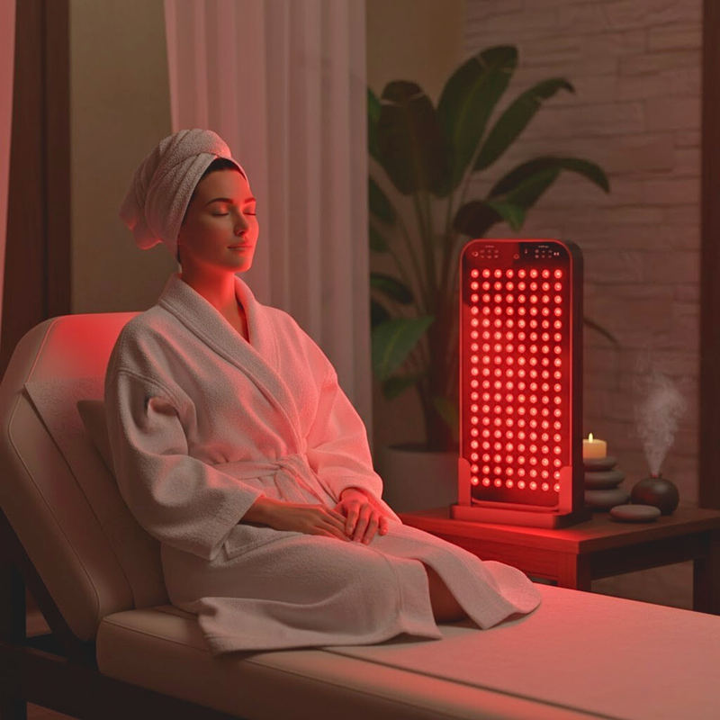 Woman relaxing with Aura Sweden red light therapy panel for skin health and wellness