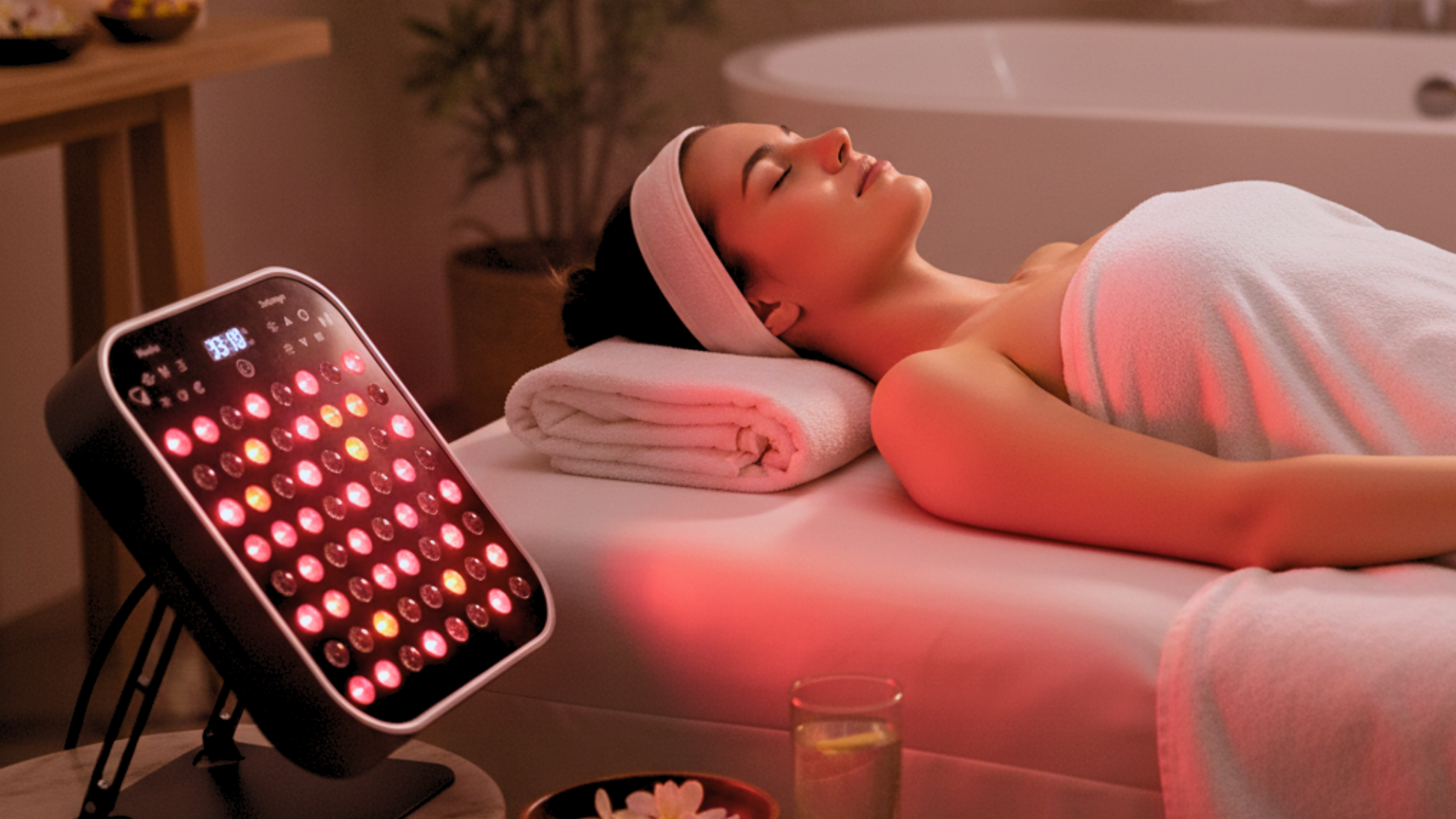Woman relaxing with LED red light therapy panel for skin rejuvenation and wellness spa