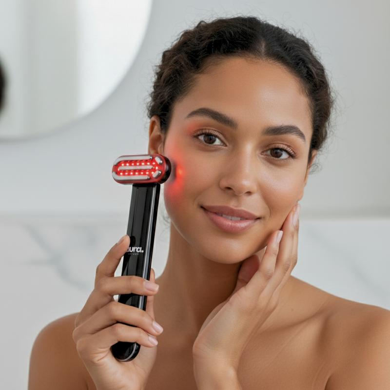 Woman using Aura Sweden red light therapy device for skin rejuvenation and anti-aging